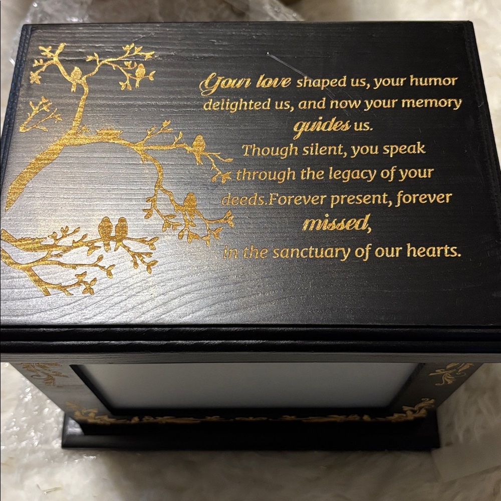Wooden Cremation Keepsake Urn with gold inscription.  Perfect for Mom or Dad